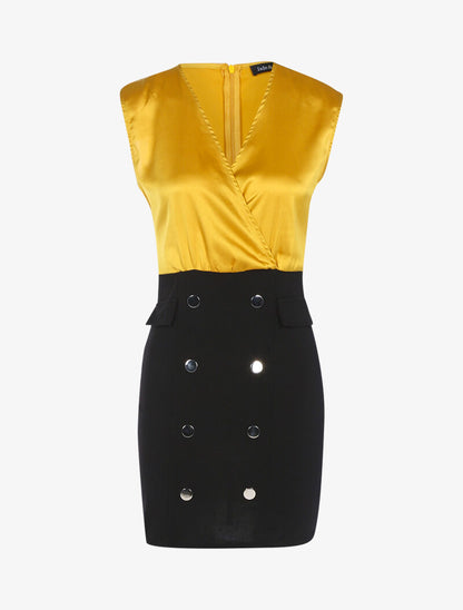 Robe bi matière à boutons décoratifs - noir/jaune - 2