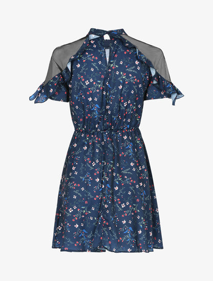 Robe fleurie à épaules ajourées - marine - 2