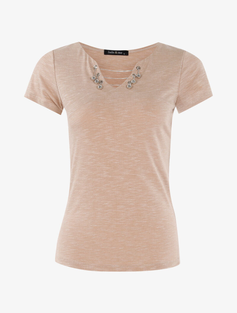 T-shirt chiné à détails chaînettes - beige - 3