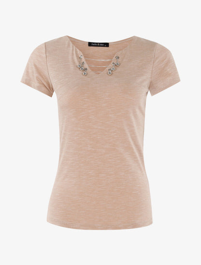 T-shirt chiné à détails chaînettes - beige - 3
