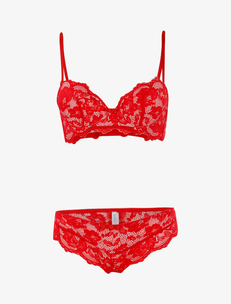 Ensemble dentelle doublée et tanga - rouge/blanc - 1