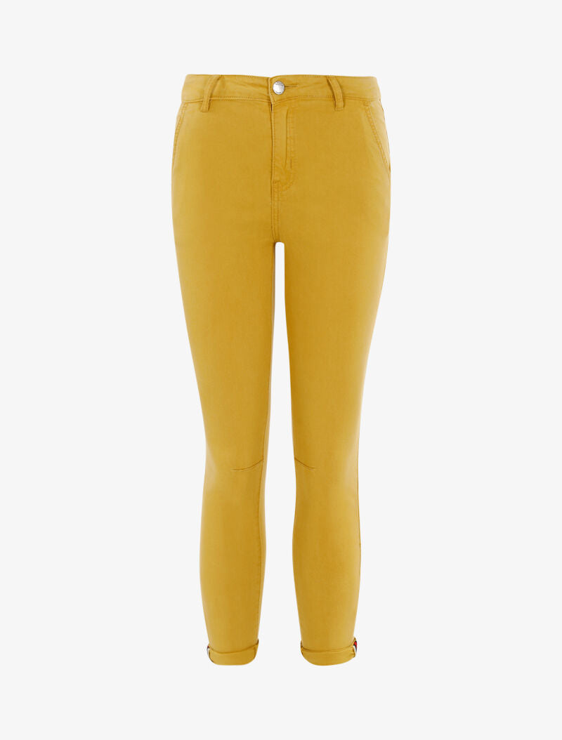 Jeans 7/8 skinny a vita alta con orli a contrasto - senape