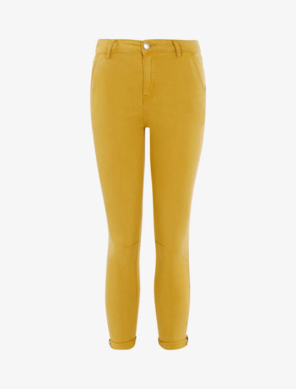 Jeans 7/8 skinny a vita alta con orli a contrasto - senape