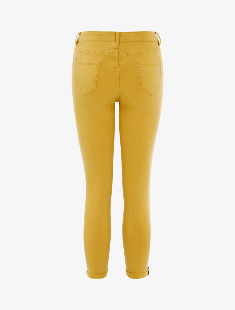 Jeans 7/8 skinny a vita alta con orli a contrasto - senape