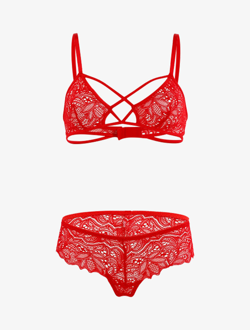 Ensemble lace en dentelle ajourée - rouge - 3