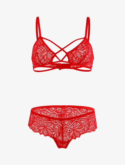 Ensemble lace en dentelle ajourée - rouge - 3