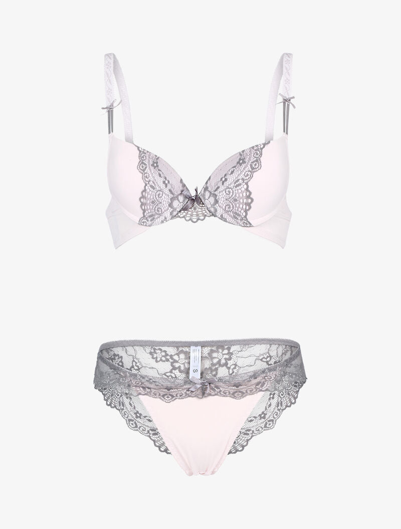 Ensemble à empiècement dentelle effet papillon - rose poudré/gris foncé - 1