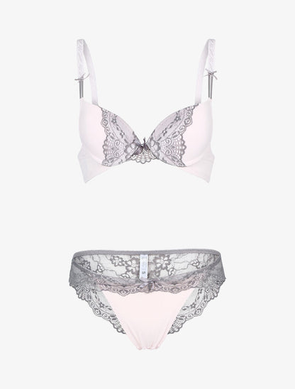 Ensemble à empiècement dentelle effet papillon - rose poudré/gris foncé - 1