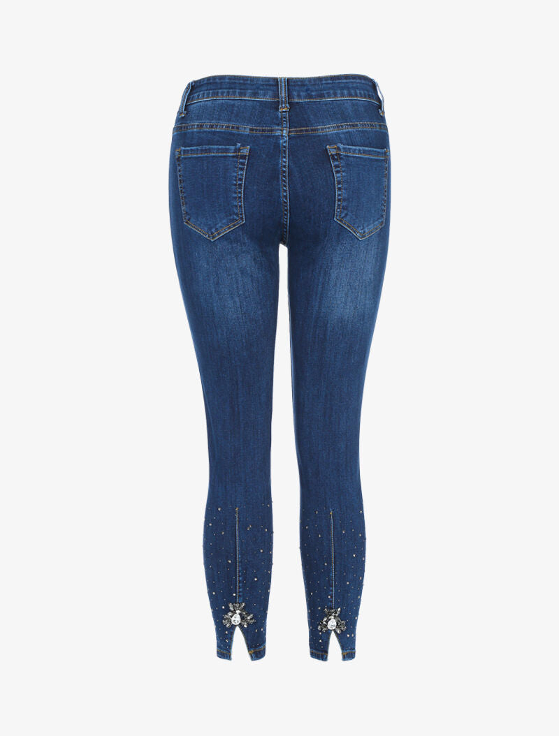 Jean 7/8 con dettagli gioiello e strass - denim grezzo