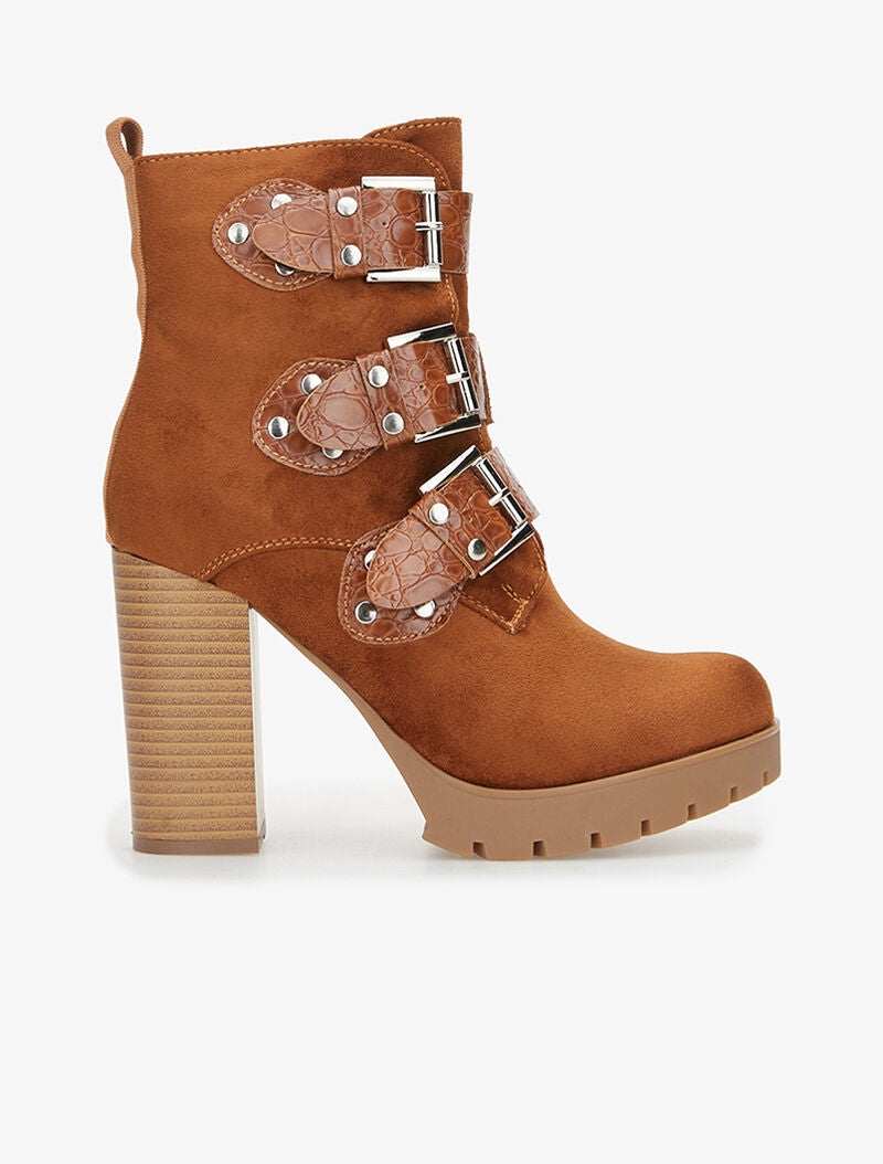 Bottines en suédine à sangles effet croco - camel - 5