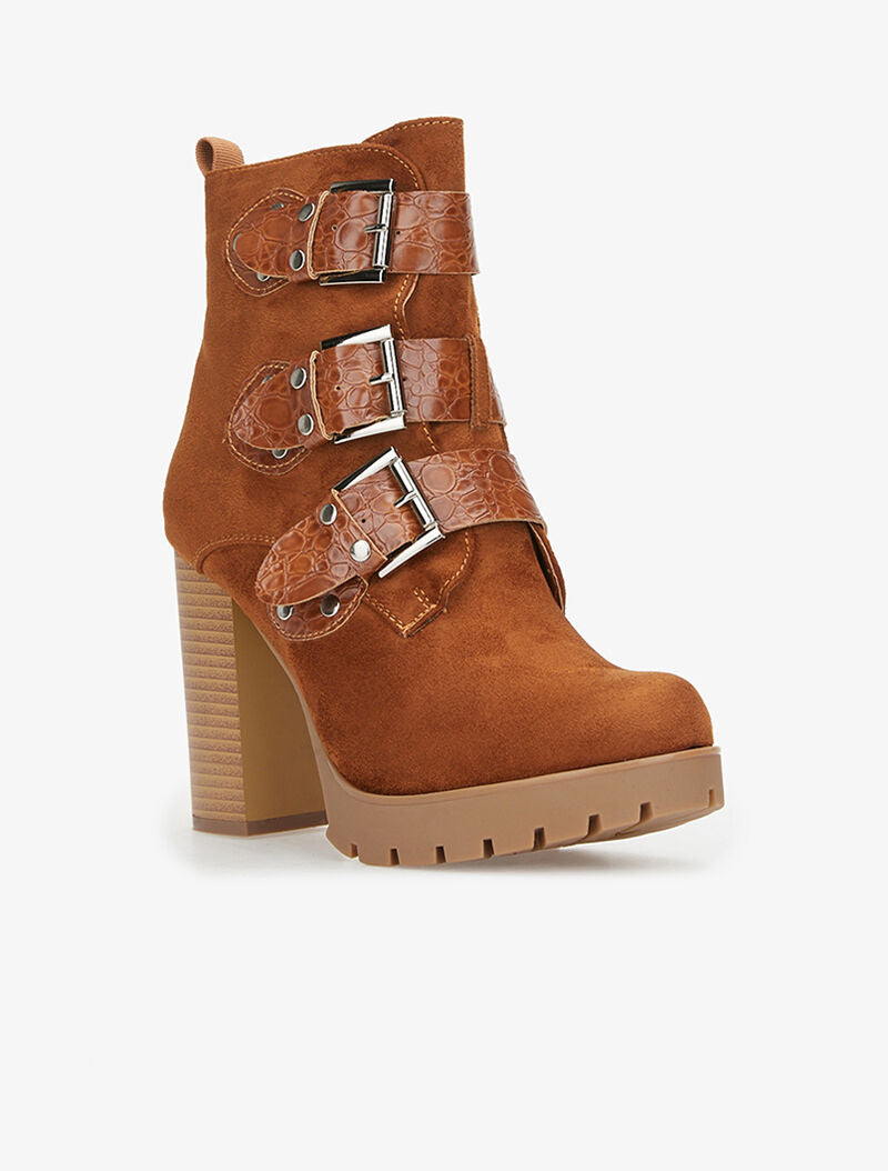 Bottines en suédine à sangles effet croco - camel - 2