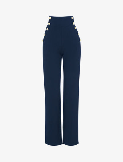 Pantalon flare à boutonnières décoratives - marine - 1