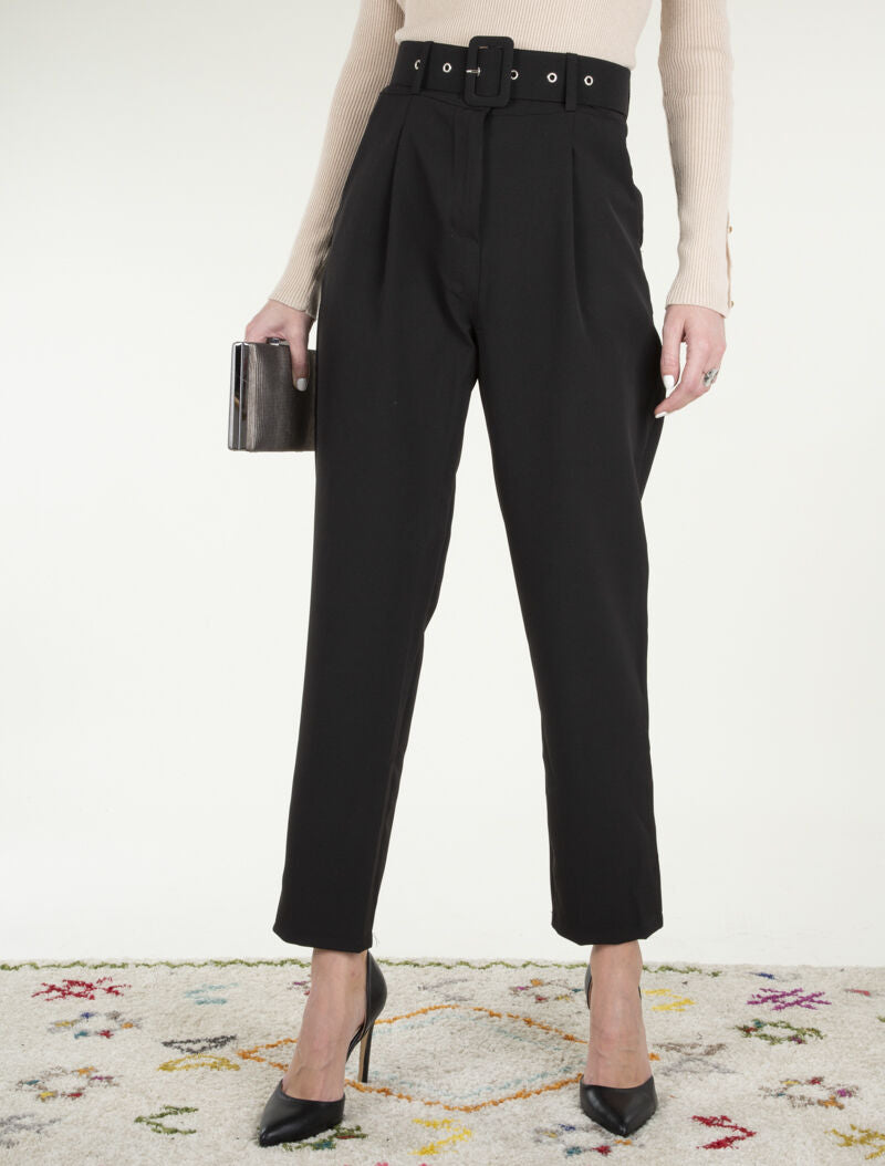 Pantalon uni à taille empire - noir - 1