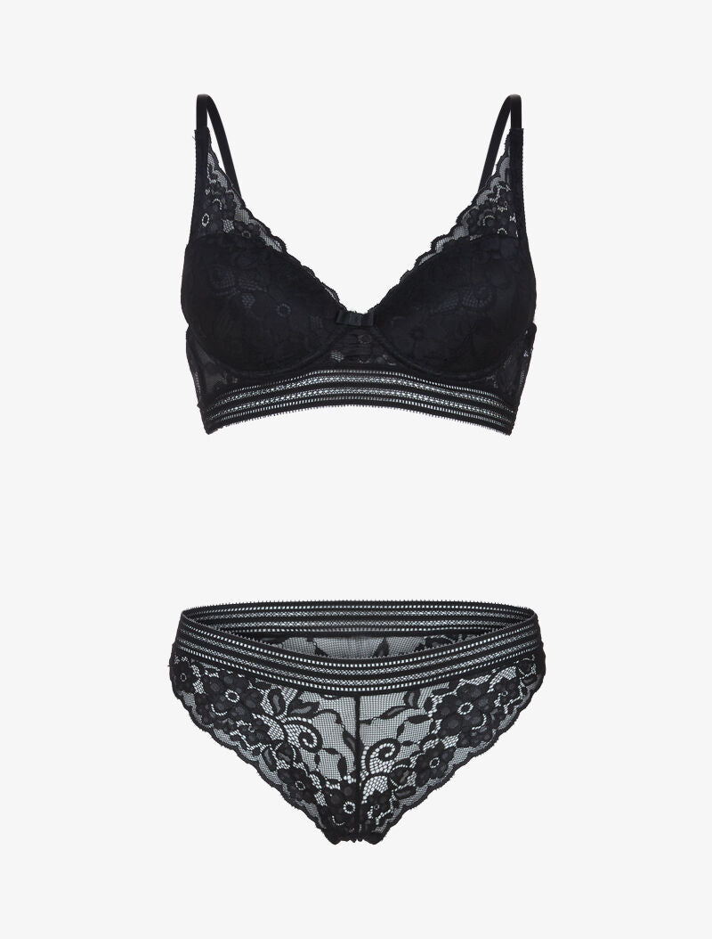 Ensemble bustier en dentelle et bandes - noir - 1
