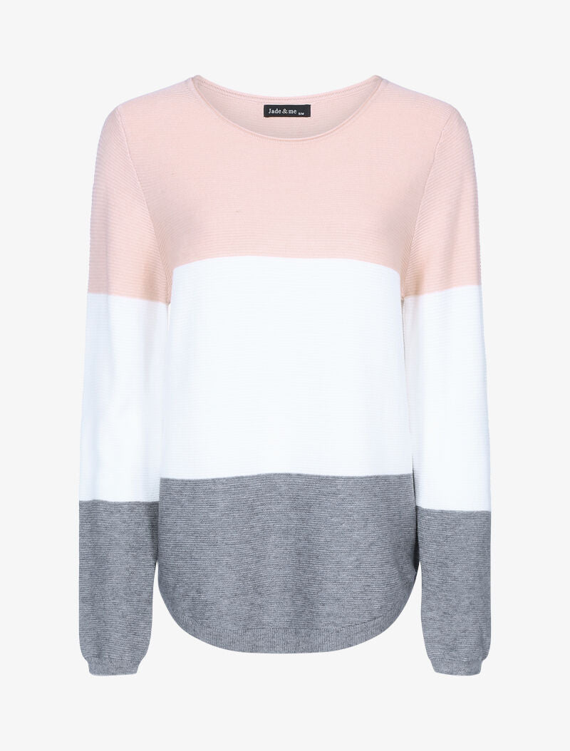 Pull en maille tricolore - rose/écru/gris foncé - 1