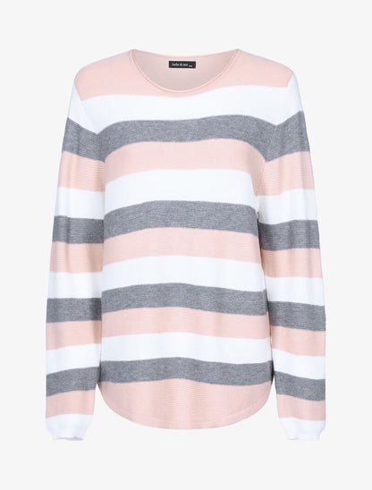 Pull en maille à bandes tricolores - rose/écru/gris foncé - 1