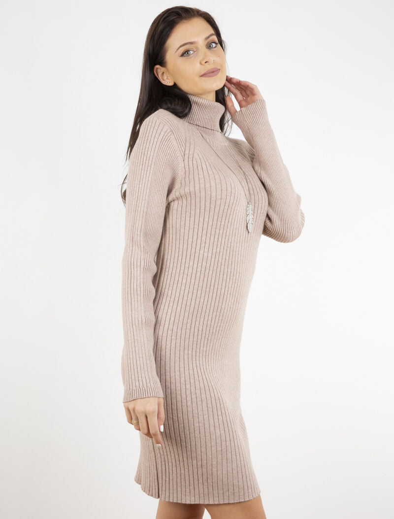 Robe-pull côtelée à bord fendu - beige - 1