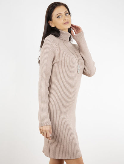 Robe-pull côtelée à bord fendu - beige - 1
