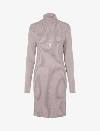 Robe-pull côtelée à bord fendu - beige - 2