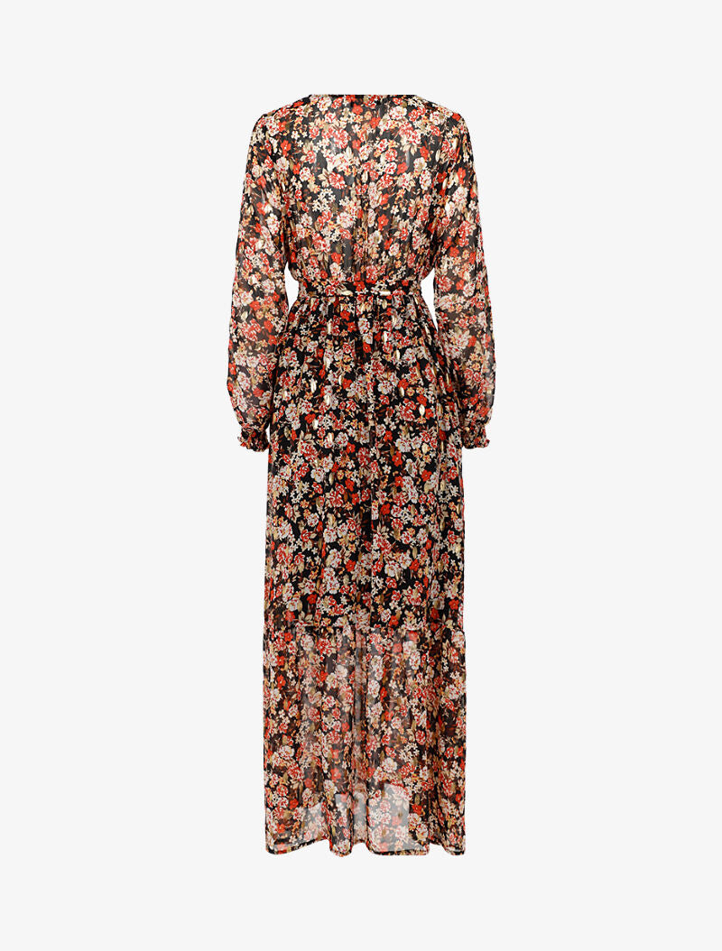 Robe longue légère à basque imprimé fleurs - noir - 2
