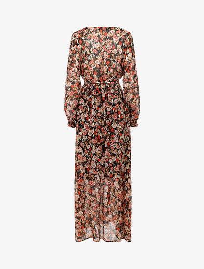 Robe longue légère à basque imprimé fleurs - noir - 2