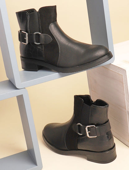 Boots bimatière basses à contrefort croco - noir - 1