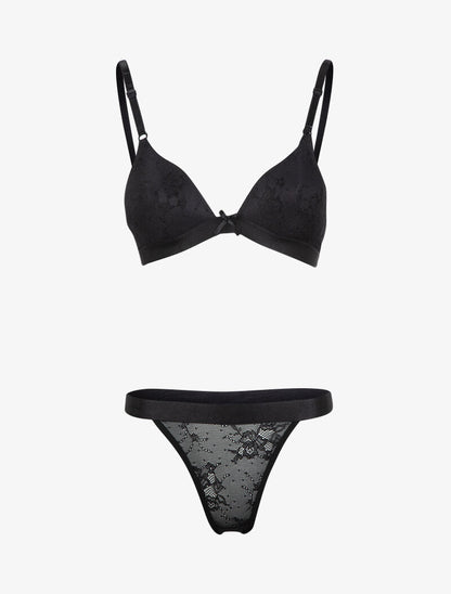 Ensemble en dentelle fleurie et résille - noir - 1