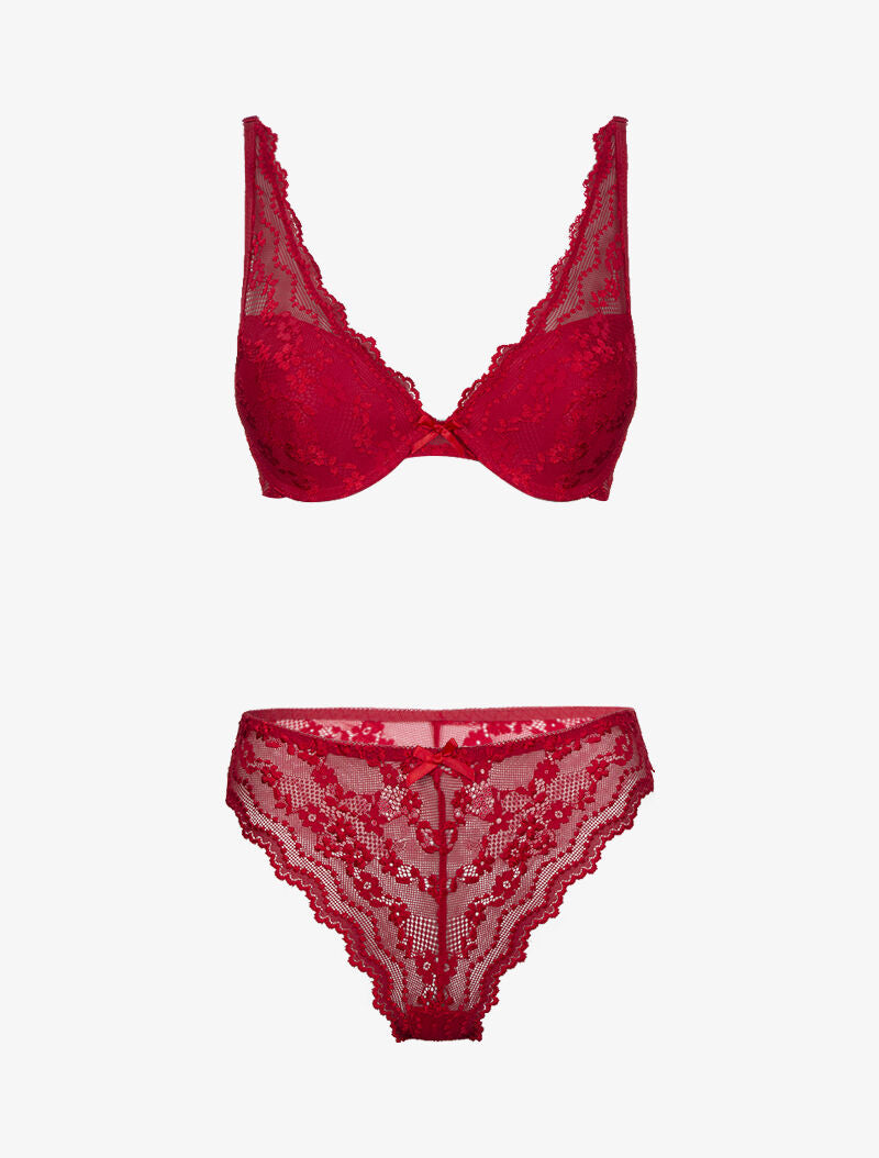 Ensemble soutien gorge ampliforme en dentelle fleurie - rouge - 1