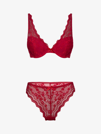 Ensemble soutien gorge ampliforme en dentelle fleurie - rouge - 1
