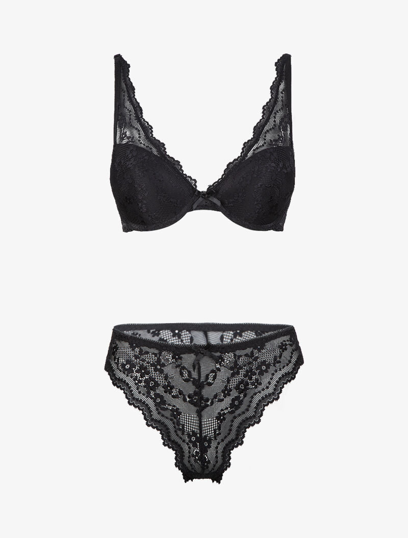 Ensemble soutien gorge ampliforme en dentelle fleurie - noir - 3