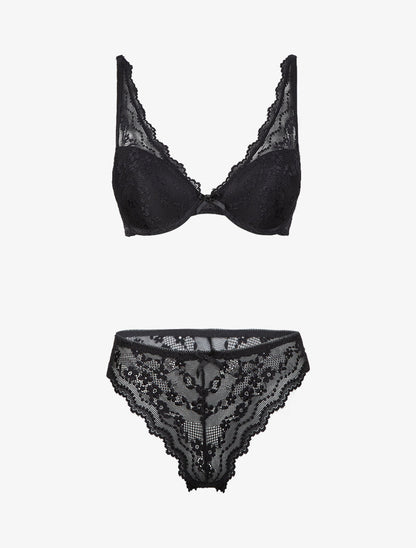 Ensemble soutien gorge ampliforme en dentelle fleurie - noir - 3