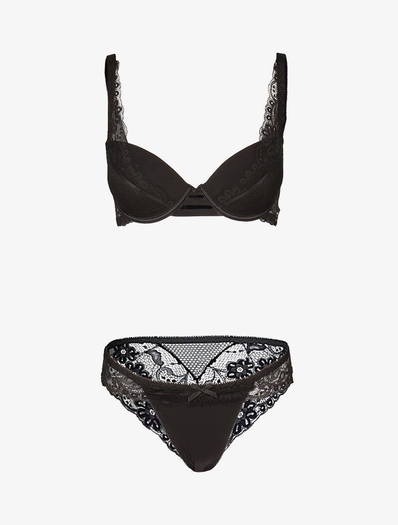Ensemble satiné à empiècements résille et dentelle - noir - 3