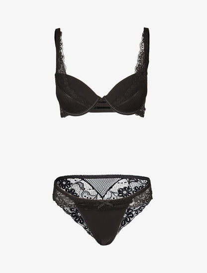 Ensemble satiné à empiècements résille et dentelle - noir - 3