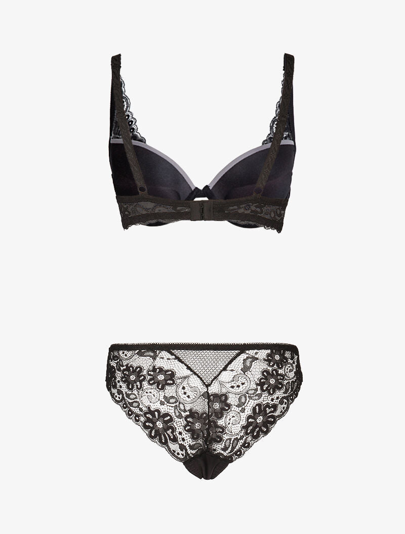 Ensemble satiné à empiècements résille et dentelle - noir - 2