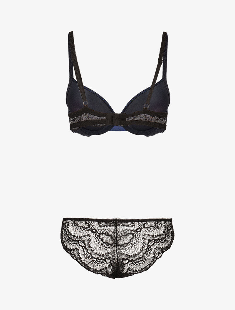 Ensemble à empiècements résille et dentelle fleurie - noir/bleu - 2