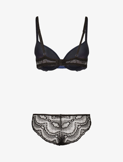 Ensemble à empiècements résille et dentelle fleurie - noir/bleu - 2