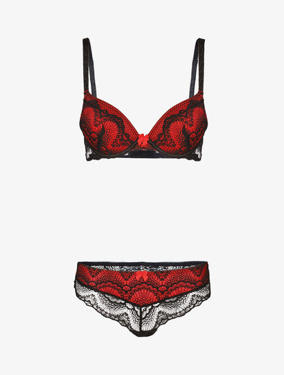 Ensemble à empiècements résille et dentelle fleurie - noir/rouge - 1