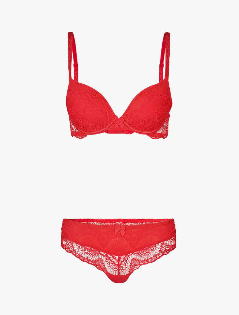 Ensemble à empiècements résille et dentelle fleurie - rouge - 1