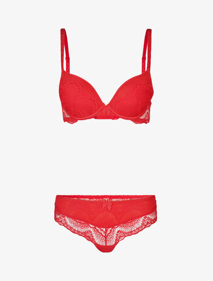 Ensemble à empiècements résille et dentelle fleurie - rouge - 1