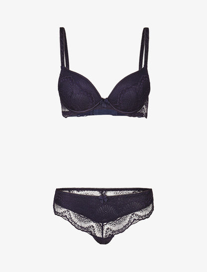 Ensemble à empiècements résille et dentelle fleurie - marine - 3