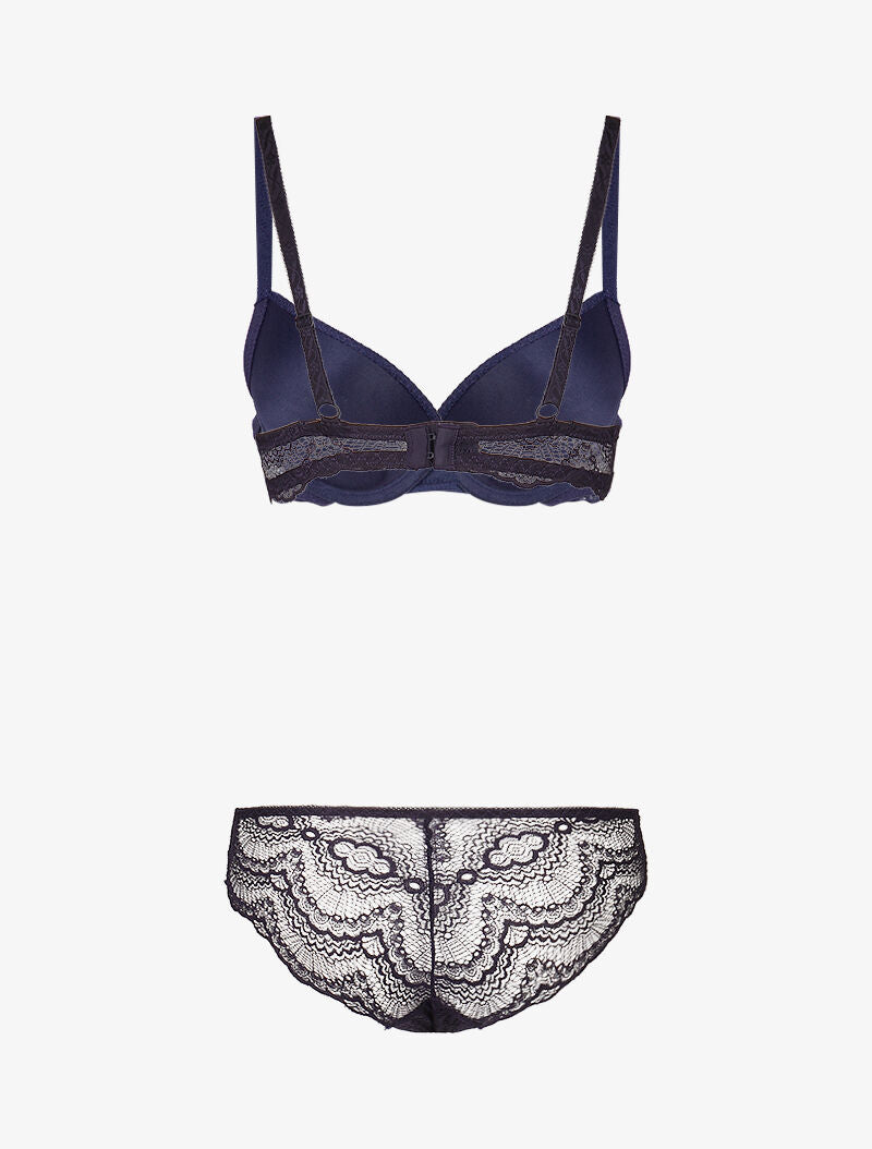 Ensemble à empiècements résille et dentelle fleurie - marine - 2