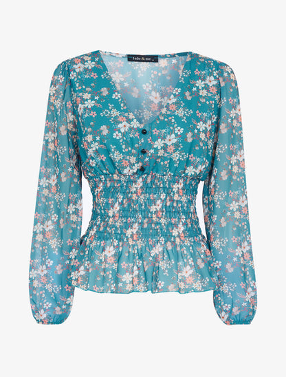 Top boule à imprimé floral - turquoise - 3