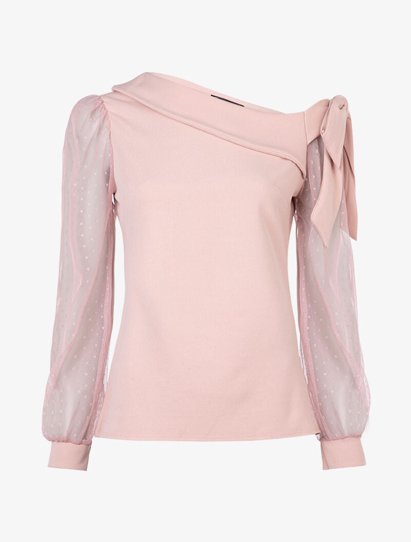 Top à encolure asymétrique et tulle - rose - 1