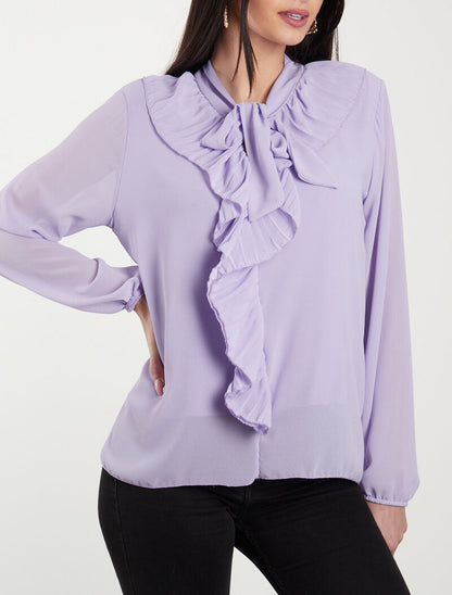 Blouse en voile à jabots gaufrés - lilas - 1
