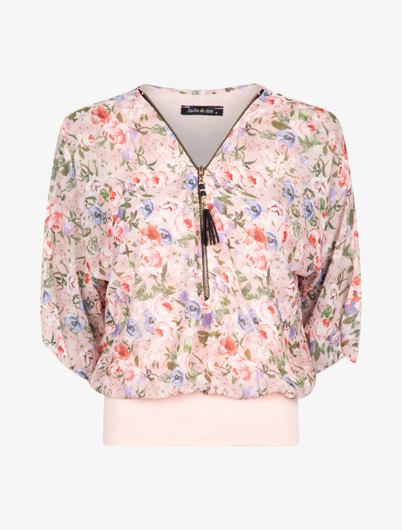 Top à imprimés et zip contrastant - rose - 1