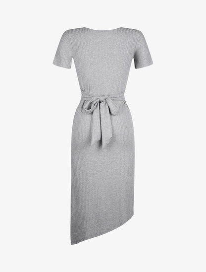 Robe côtelée ceinturée - gris clair - 2