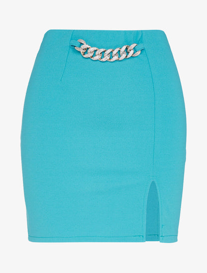 Mini jupe fendue à détail chaîne - turquoise - 1