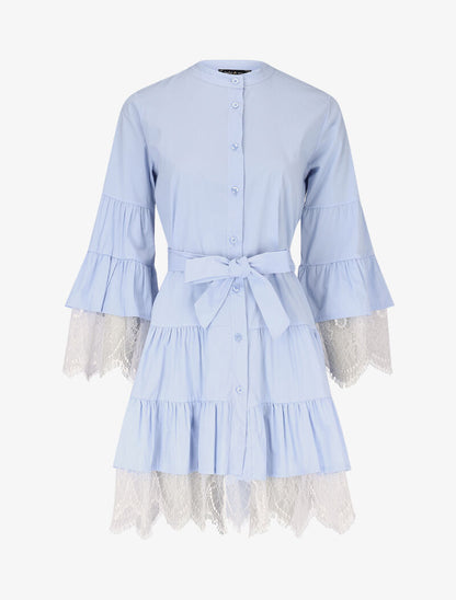 Robe trapèze à volants et dentelle - bleu ciel - 3