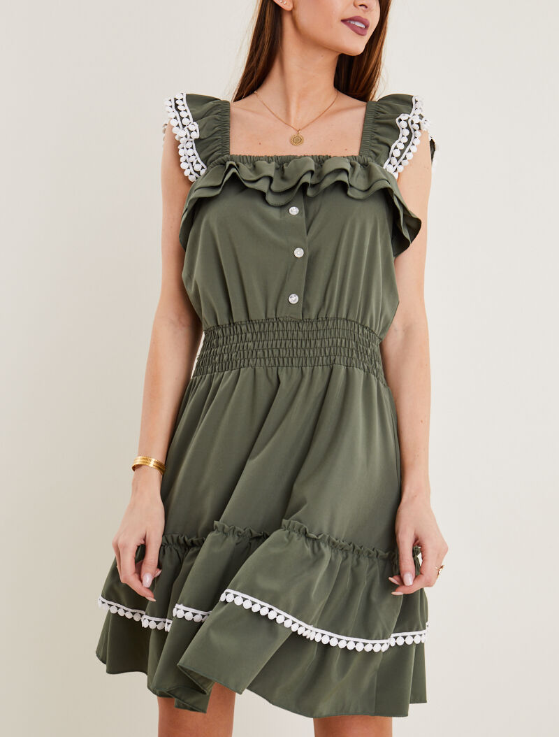 Robe unie à bretelles volantées - kaki - 4