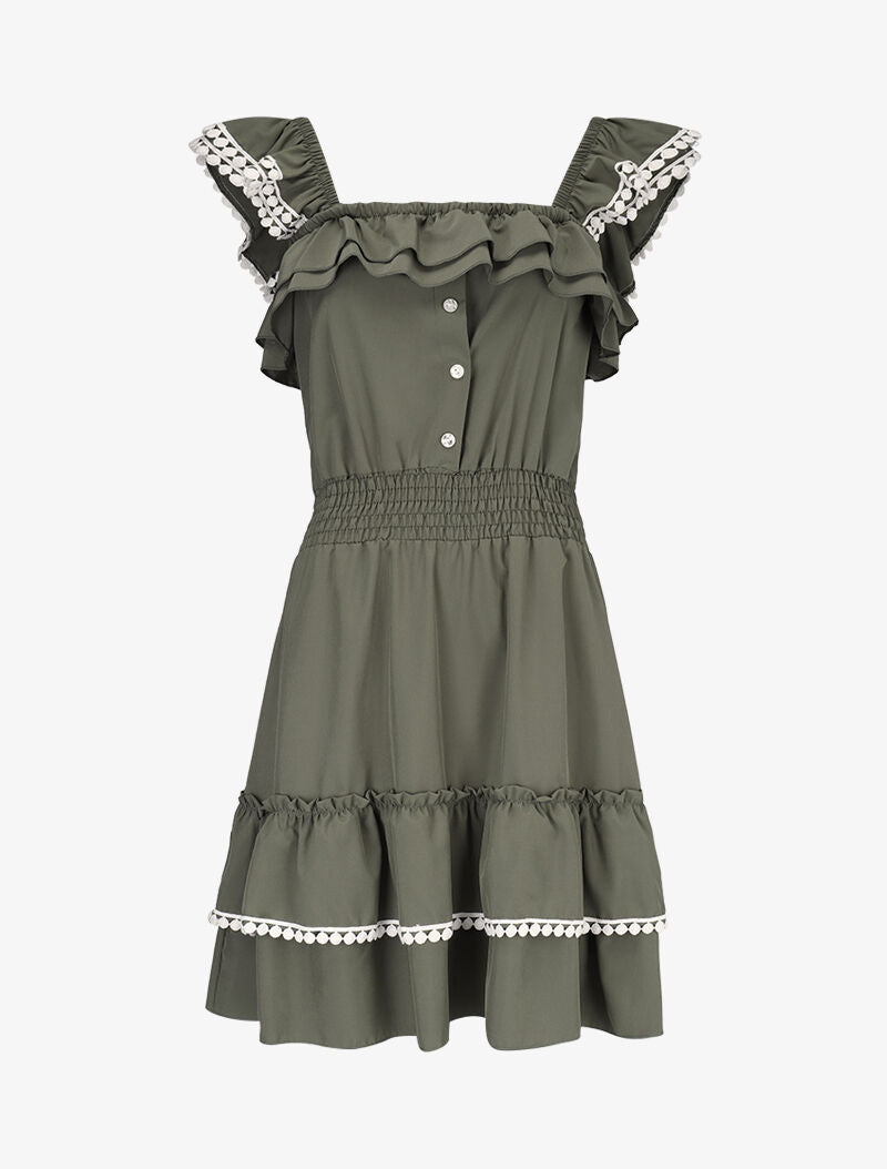 Robe unie à bretelles volantées - kaki - 2